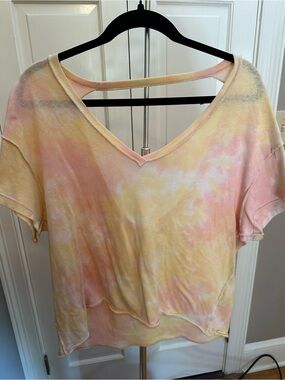 We The Free Pastel Tie-Dye V-Neck Tee in Yellow & Pink